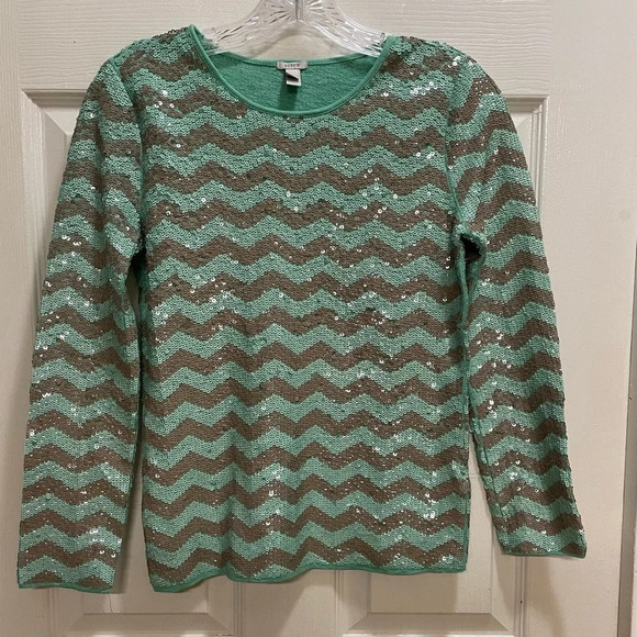 J. Crew Mint Green Chevron Sequin Top Party Holiday Festive Long Sleeve Size XS - Picture 1 of 11